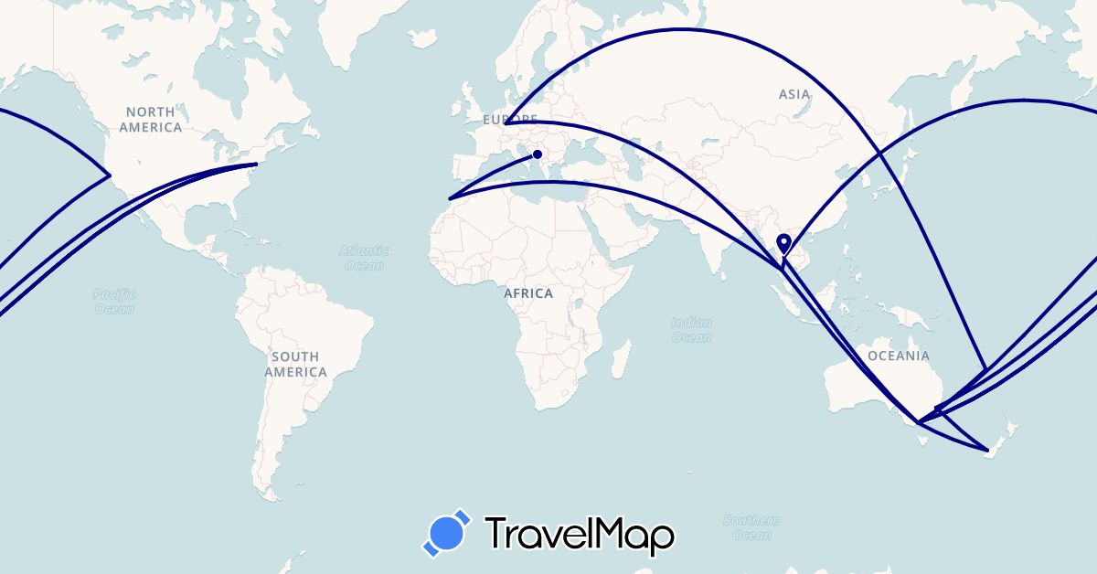 TravelMap itinerary: driving in Australia, Germany, Morocco, Montenegro, New Caledonia, New Zealand, Thailand, United States (Africa, Asia, Europe, North America, Oceania)